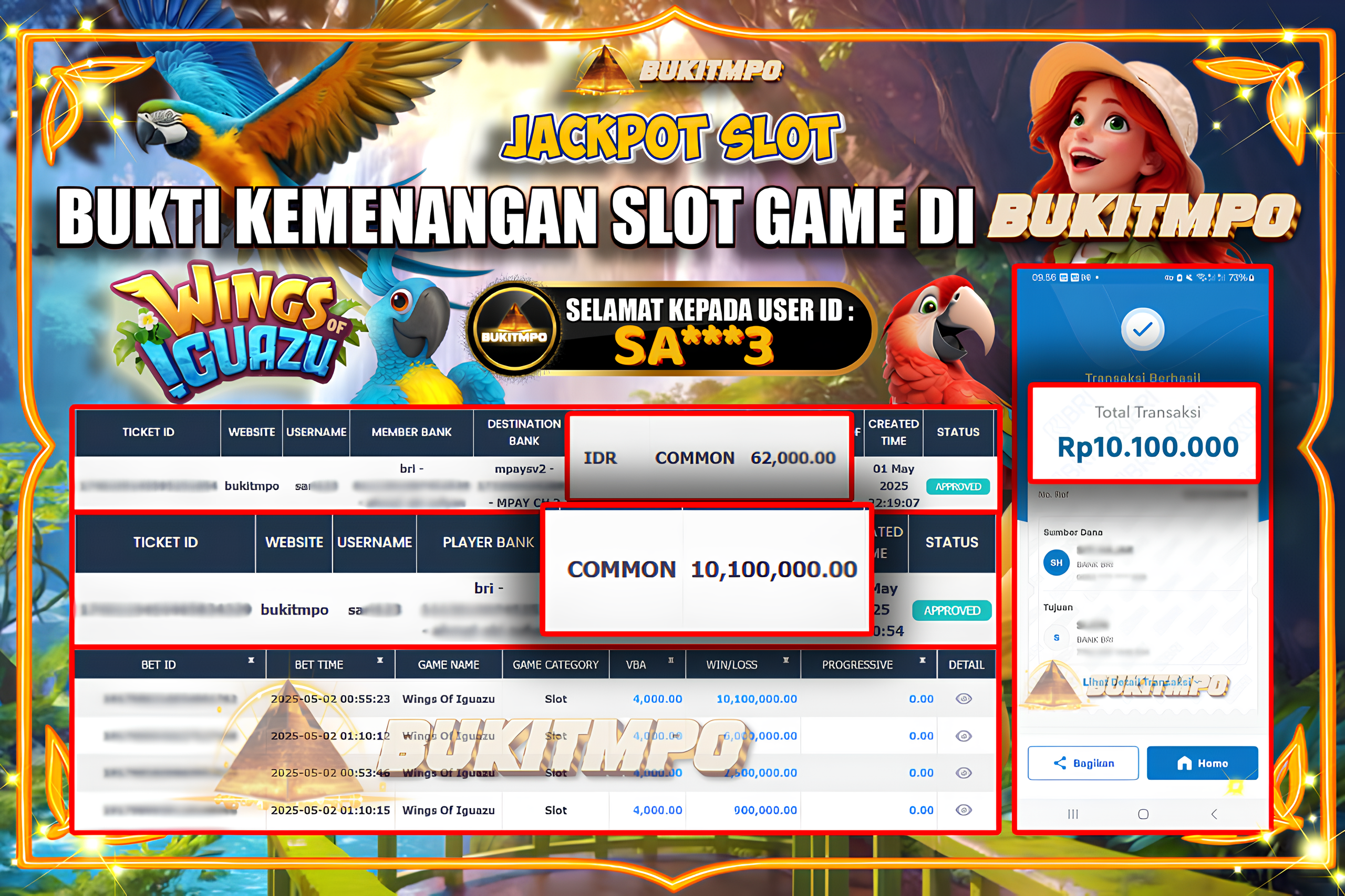 BUKITMPO JACKPOT SLOT Wings Of Iguazu Rp.10.100.000,- LUNAS